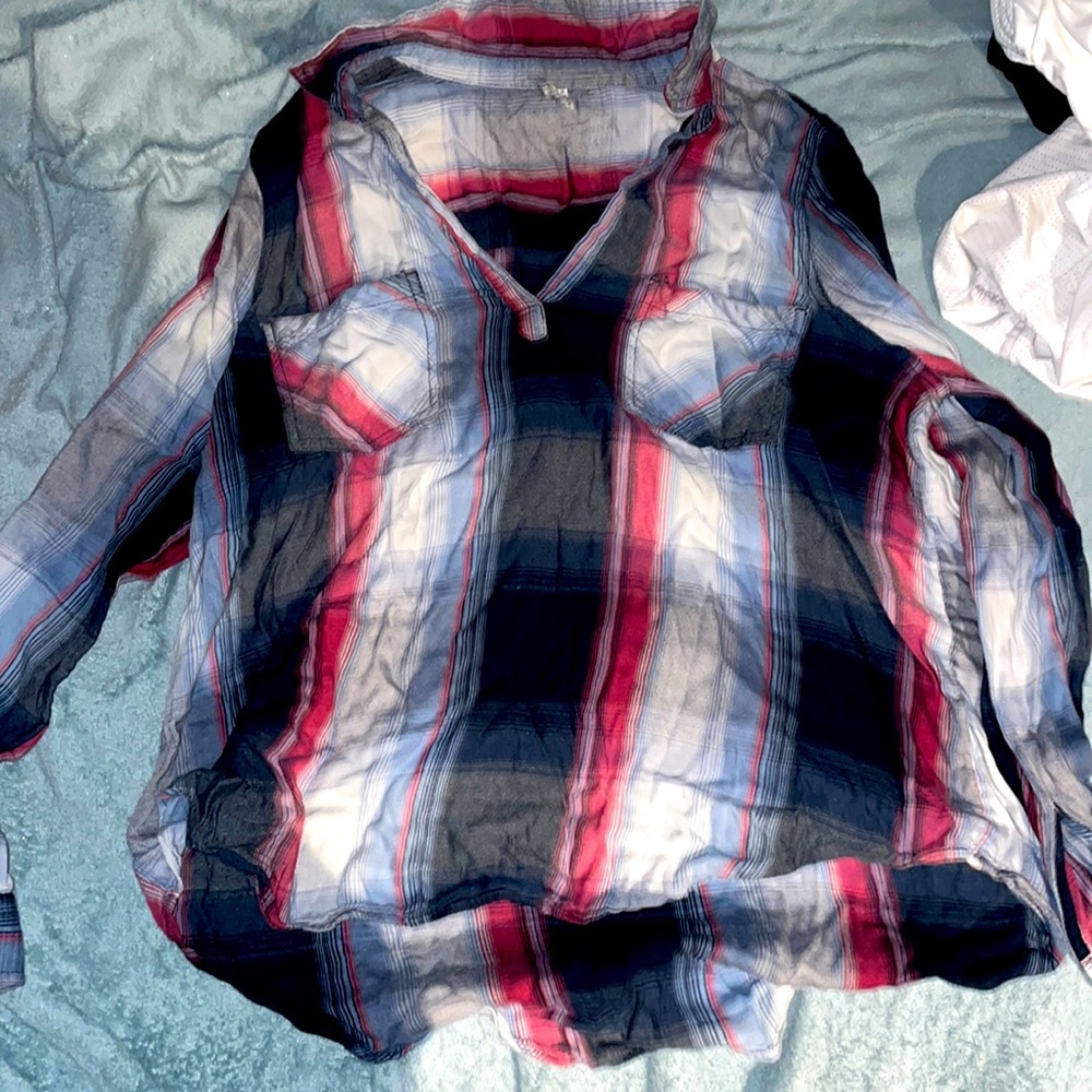 Deep V neck Blue purple and Red flowy shirt, long sleeve